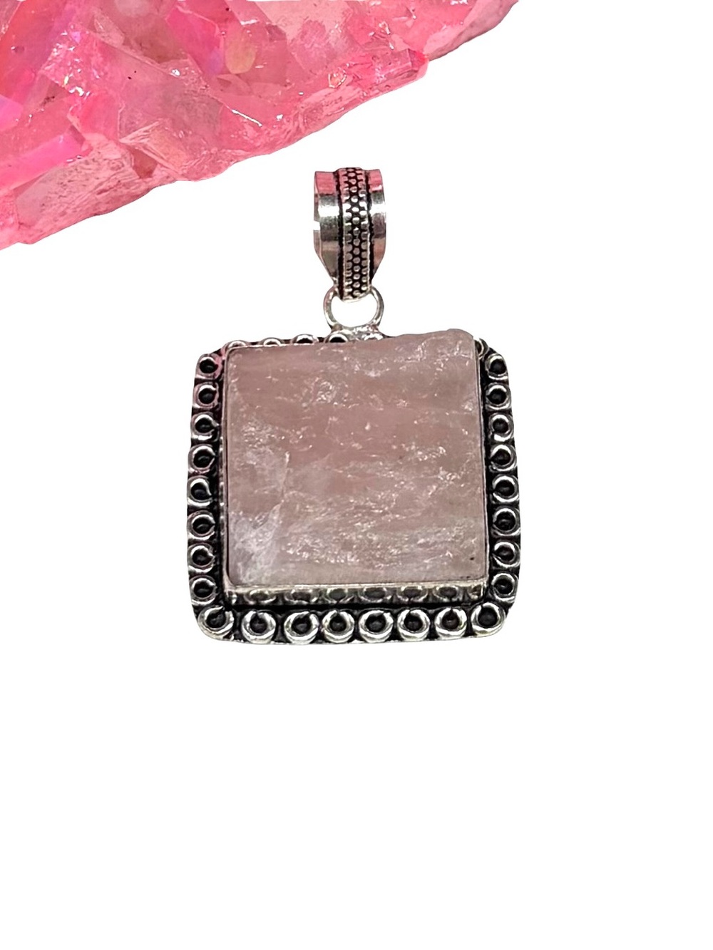 Rough Rose Quartz Necklace Pendant 925 Sterling Silver Overlay
